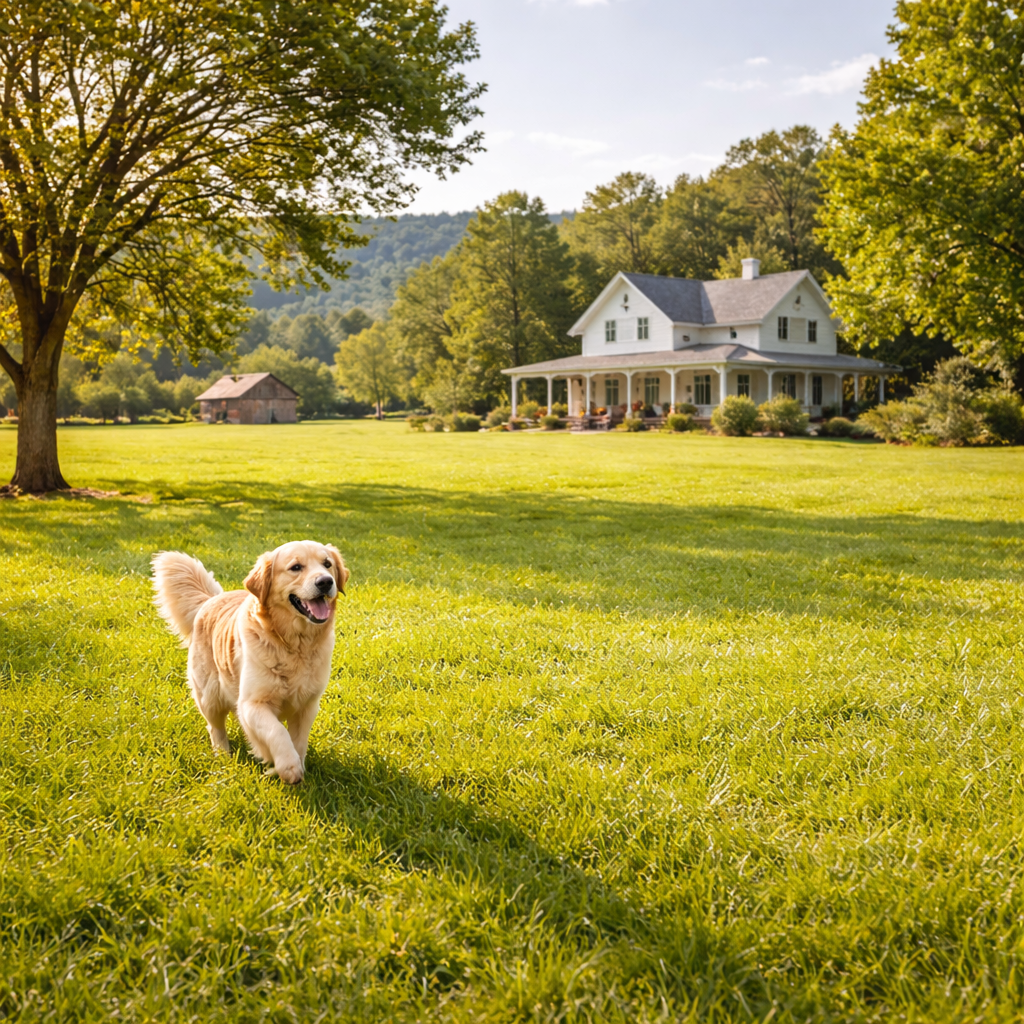 Happy dog running free in hidden fence area